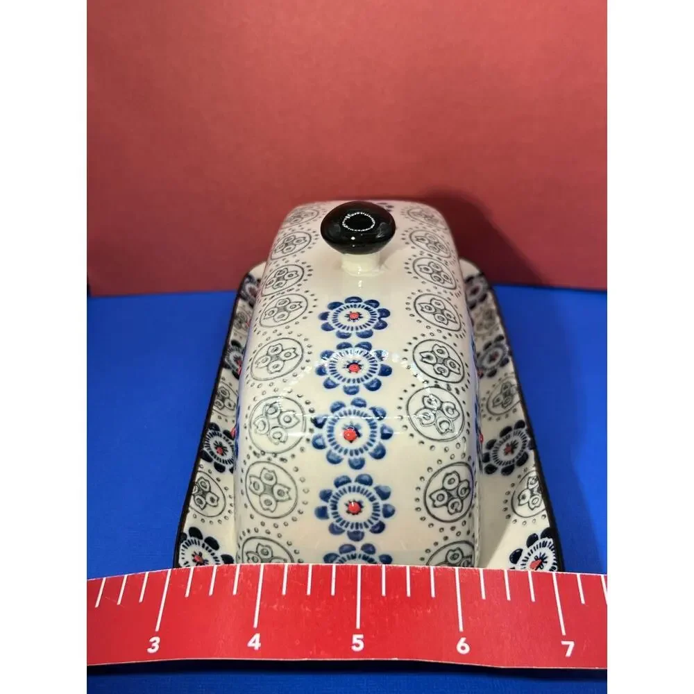 Royal Ceramic Butter Dish Blue & Cream Red Dots are Raised